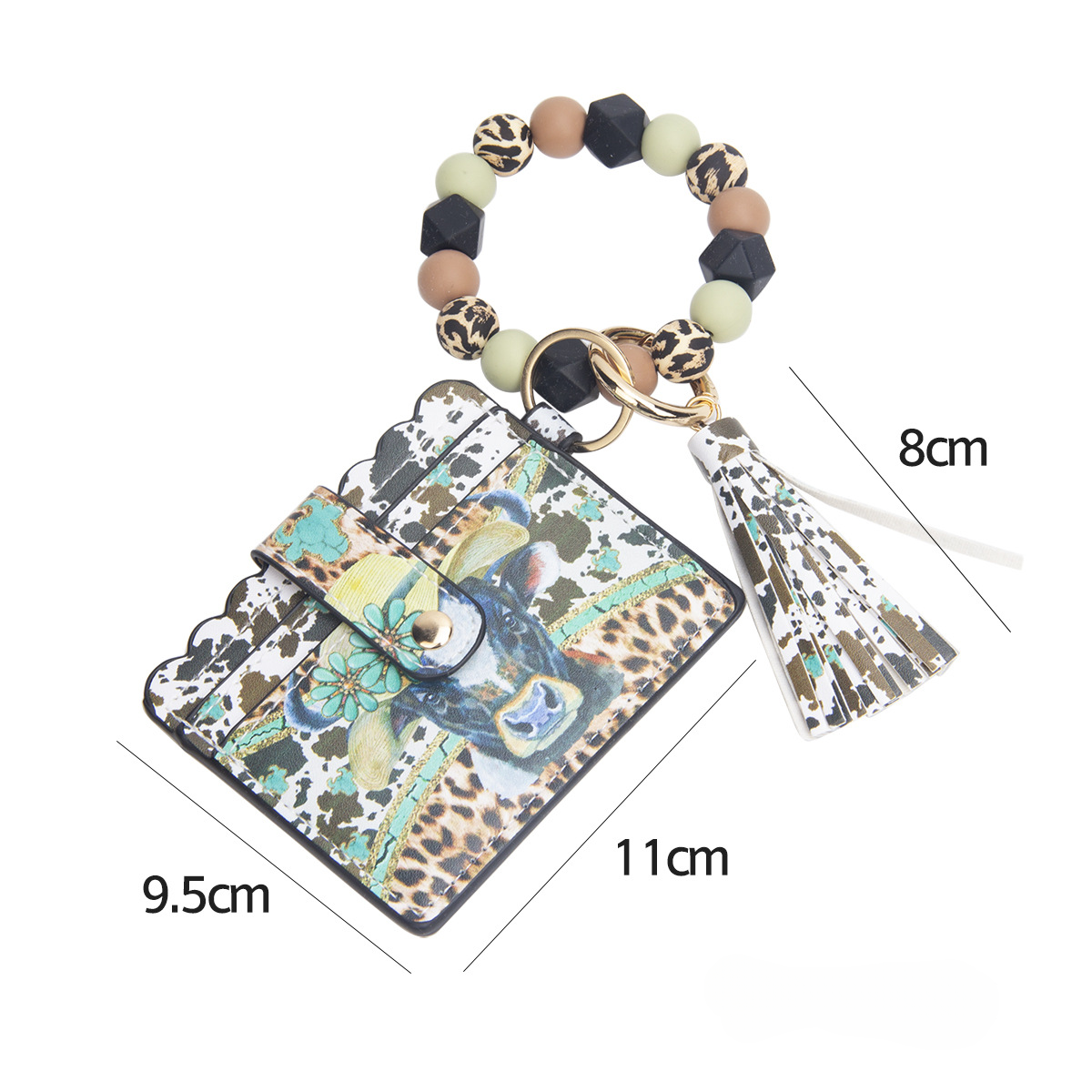 Wholesale Leopard Print Sunflower Card Holder Tassel Silicone Beaded Wrist Keychain